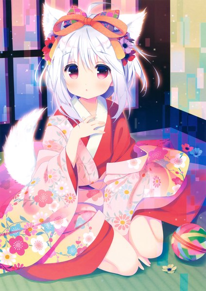 Anime picture 2517x3562 with original riichu single tall image looking at viewer blush fringe highres short hair open mouth hair between eyes red eyes sitting animal ears ahoge bent knee (knees) white hair indoors tail traditional clothes