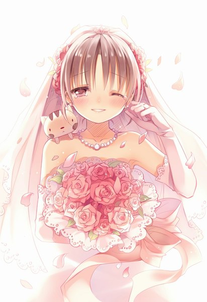 Anime picture 812x1181 with original rie (reverie) single tall image looking at viewer blush short hair smile brown hair brown eyes one eye closed wink tears wedding girl dress gloves flower (flowers) petals elbow gloves