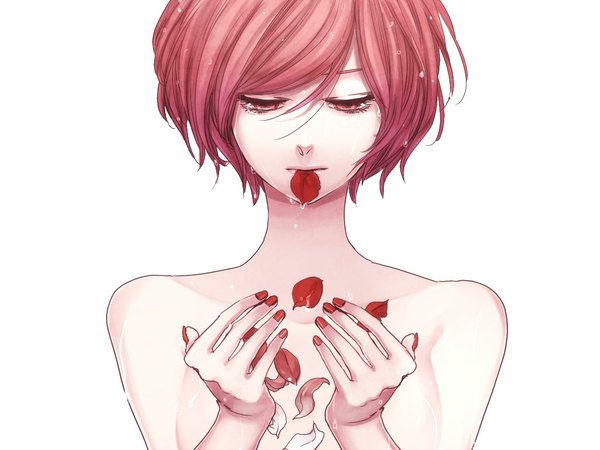 Anime picture 1024x768 with vocaloid meiko sagula short hair simple background white background brown eyes red hair nail polish wet red nail polish girl petals