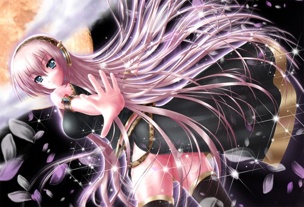 Anime picture 1280x874 with vocaloid megurine luka nohoho (kakikonchi) long hair breasts light erotic pink hair girl thighhighs petals moon