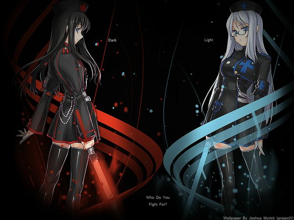 Anime picture 1024x768 with original tagme (artist) long hair breasts blue eyes black hair blonde hair large breasts multiple girls signed black background flat chest light dark background blue background red background battle girl thighhighs weapon