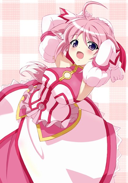 Anime picture 699x1000 with dog days millhiore f biscotti tsukishiro kou (artist) single tall image blush short hair open mouth purple eyes animal ears pink hair ahoge tail animal tail dog ears dog tail dog girl girl dress gloves