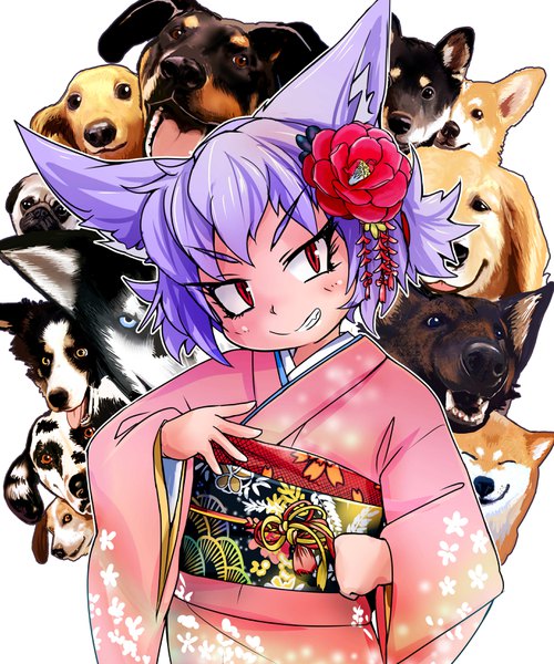 Anime picture 2756x3307 with original noroiken (doitsuken) dog child (doitsuken) doitsuken single tall image looking at viewer highres short hair simple background smile red eyes white background animal ears purple hair long sleeves traditional clothes head tilt japanese clothes hair flower