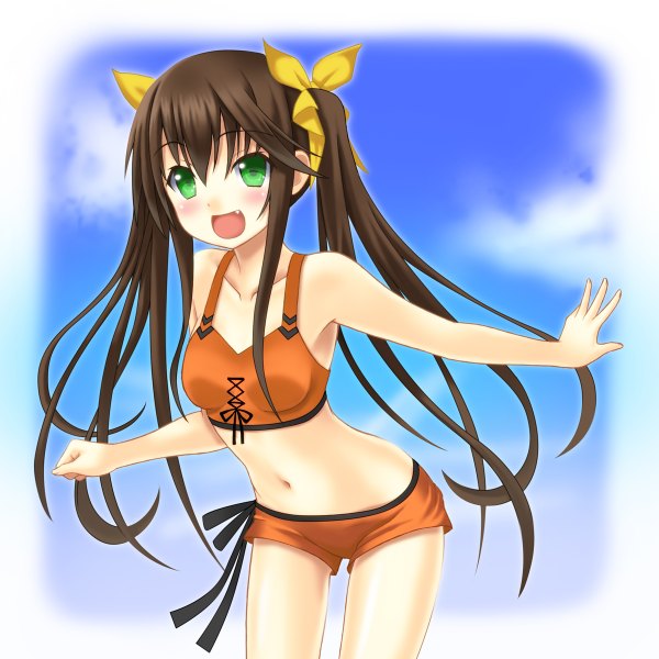 Anime picture 1200x1200 with infinite stratos 8bit fang linyin setona (daice) single long hair blush open mouth brown hair twintails green eyes girl navel bow swimsuit hair bow