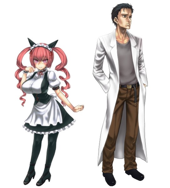 Anime picture 1085x1200 with steins;gate white fox okabe rintarou faris nyannyan asanagi tall image blush short hair breasts light erotic black hair large breasts white background purple eyes twintails animal ears red hair black eyes cat ears maid