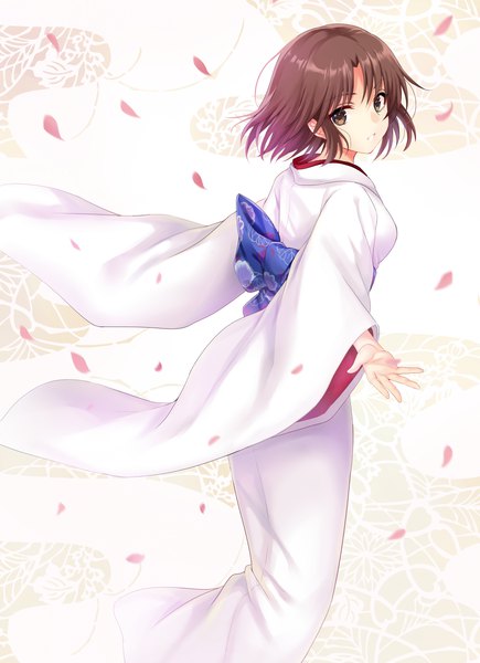 Anime picture 900x1240 with kara no kyoukai type-moon ryougi shiki harimoji single tall image looking at viewer short hair brown hair brown eyes traditional clothes japanese clothes looking back wide sleeves floral print outstretched hand girl petals obi yukata