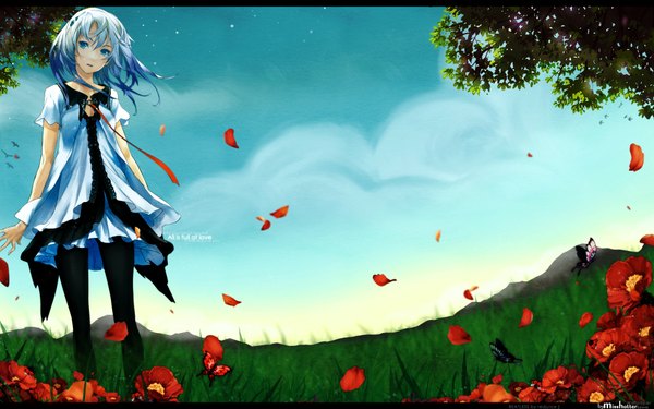 Anime picture 1920x1200 with beatless leicia redjuice single highres short hair blue eyes wide image white hair third-party edit girl dress flower (flowers) insect butterfly