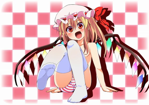 Anime picture 1280x906 with touhou flandre scarlet nigo (aozoragarou) single blush short hair open mouth light erotic blonde hair red eyes underwear only checkered background girl thighhighs underwear panties white thighhighs wings bonnet striped panties