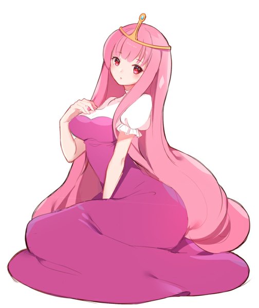 Anime picture 692x824 with adventure time princess bubblegum (adventure time) kuma.p single long hair tall image looking at viewer blush fringe simple background white background sitting pink hair pink eyes girl dress tiara
