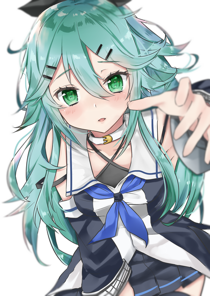Anime picture 2507x3541 with kantai collection yamakaze (kantai collection) nanakagura single long hair tall image looking at viewer blush fringe highres hair between eyes green eyes green hair leaning leaning forward outstretched hand girl uniform detached sleeves serafuku