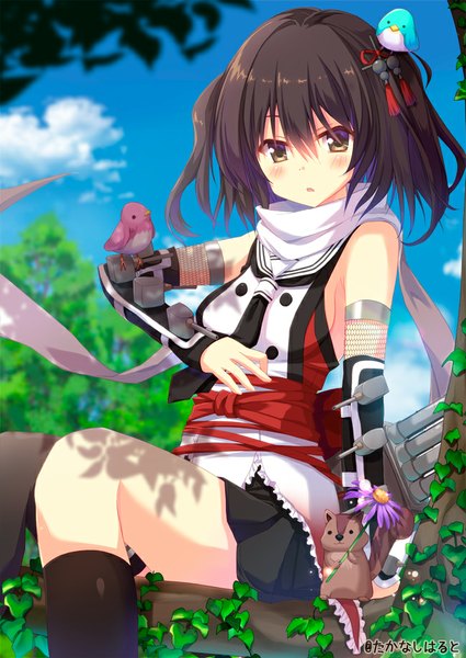 Anime picture 650x917 with kantai collection sendai light cruiser takanashi haruto single tall image blush short hair black hair yellow eyes sky cloud (clouds) parted lips pleated skirt two side up animal on head bird on hand bird on head girl thighhighs skirt