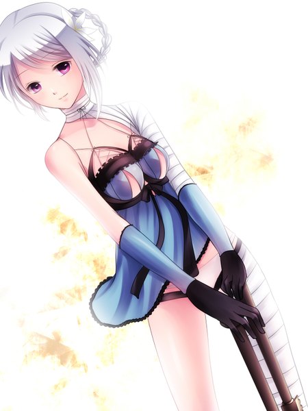 Anime picture 1200x1600 with nier kaine (nier) okitakung single tall image short hair light erotic smile holding white hair pink eyes dual wielding girl gloves weapon elbow gloves bandage (bandages)