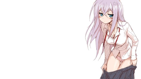 Anime picture 1280x720 with cardfight!! vanguard tokura misaki akata itsuki single long hair blush blue eyes light erotic wide image grey hair undressing third-party edit skirt pull extended detexted girl underwear panties shirt