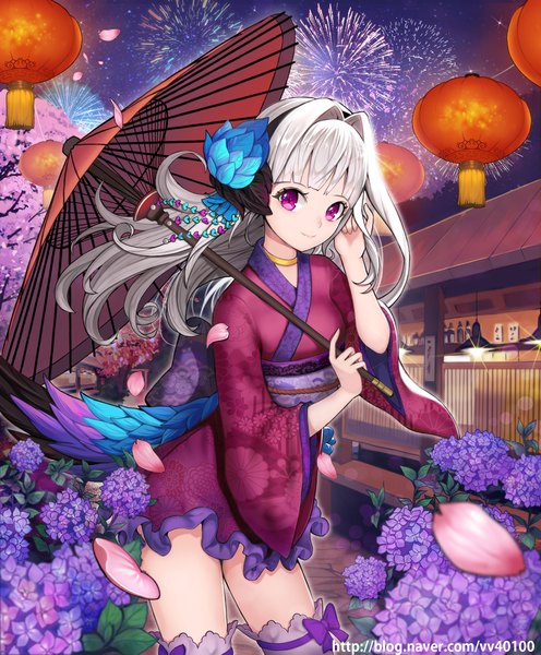 Anime picture 1936x2341 with odin sphere vanillaware gwendolyn ttaji (pass35) single long hair tall image looking at viewer fringe highres smile holding silver hair blunt bangs pink eyes wide sleeves cherry blossoms lens flare floral print adjusting hair