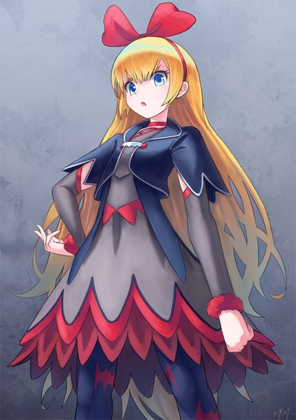 Anime picture 595x842 with precure dokidoki! precure toei animation regina (dokidoki! precure) ryuga (balius) single tall image open mouth blue eyes blonde hair signed looking away very long hair grey background girl dress hair ornament bow ribbon (ribbons) hair bow