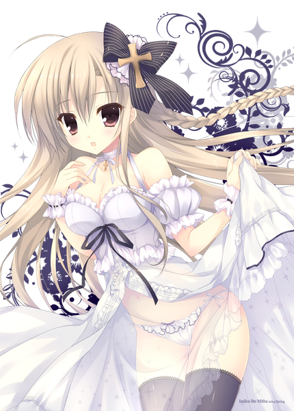 Anime picture 3017x4206 with mitha single long hair tall image highres light erotic blonde hair red eyes bare shoulders absurdres braid (braids) transparent background girl thighhighs dress underwear panties bow black thighhighs hair bow