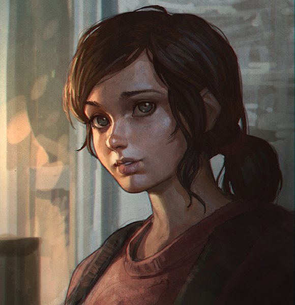 Anime picture 900x930 with the last of us ellie ilya kuvshinov single long hair tall image looking at viewer brown hair green eyes ponytail realistic freckles girl