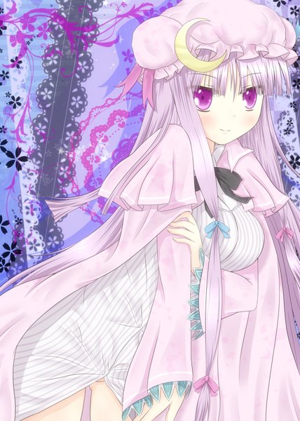 Anime picture 1350x1890 with touhou patchouli knowledge toranashi (artist) single long hair tall image purple eyes purple hair light smile girl hat headdress