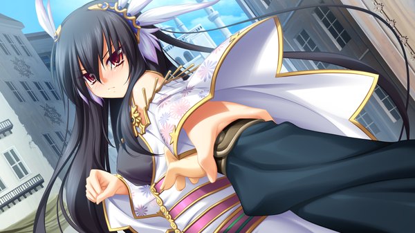 Anime picture 1024x576 with kamidori alchemy meister yuela long hair blush black hair red eyes wide image game cg girl