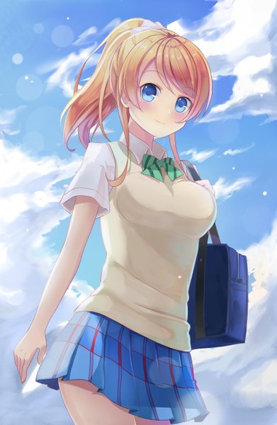 Anime picture 850x1302 with love live! school idol project sunrise (studio) love live! ayase eli motokonut single long hair tall image looking at viewer blush fringe blue eyes blonde hair sky cloud (clouds) ponytail light smile from below girl skirt