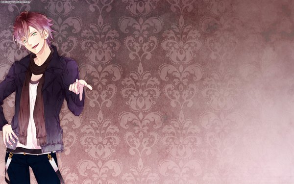 Anime picture 1440x900 with diabolik lovers idea factory sakamaki ayato single looking at viewer short hair open mouth smile wide image green eyes purple hair open clothes open jacket boy jacket scarf