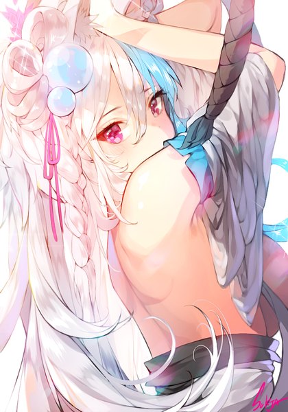 Anime picture 700x1000 with original sorolp single long hair tall image looking at viewer blush fringe simple background white background animal ears blue hair silver hair braid (braids) pink eyes looking back multicolored hair cat ears arms up single braid
