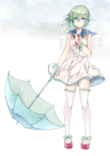 Anime picture 1000x1414 with utau amaga elu (character) toudou charo single tall image looking at viewer short hair blue eyes green hair girl thighhighs dress hair ornament white thighhighs umbrella