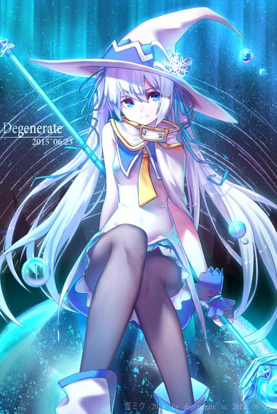 Anime picture 1067x1594 with vocaloid suki! yuki! maji magic (vocaloid) hatsune miku yuki miku yuki miku (2014) de da xianyu single long hair tall image fringe blue eyes hair between eyes sitting twintails signed payot looking away bent knee (knees) white hair nail polish