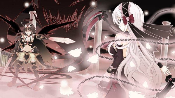 Anime picture 1024x576 with original tsukaze long hair black hair red eyes wide image bare shoulders multiple girls white hair black eyes girl dress weapon 2 girls detached sleeves sword wings hairband chain halo