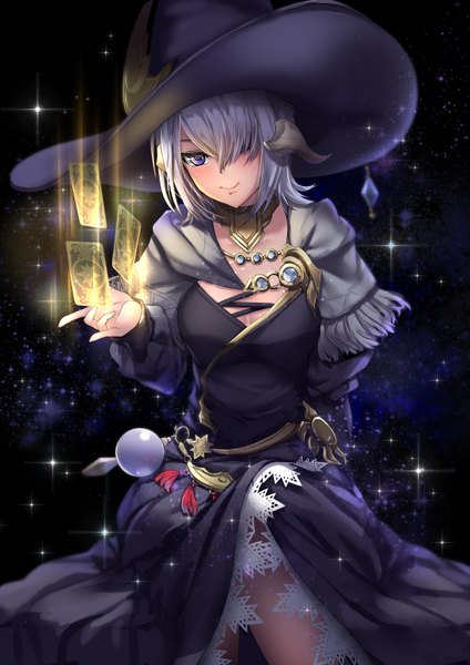 Anime picture 566x800 with final fantasy final fantasy xiv square enix au ra aruma jiki single tall image looking at viewer fringe short hair smile sitting purple eyes silver hair arm up horn (horns) hair over one eye night night sky magic