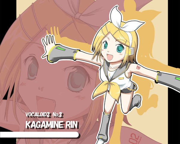 Anime picture 1280x1024 with vocaloid kagamine rin dune (artist) single looking at viewer short hair open mouth blonde hair full body :d aqua eyes copyright name character names spread arms zoom layer sailor collar girl ribbon (ribbons) hair ribbon detached sleeves