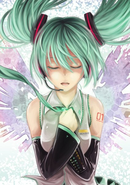 Anime picture 868x1228 with vocaloid hatsune miku ks single long hair tall image open mouth twintails eyes closed aqua hair tattoo singing girl detached sleeves wings necktie headphones microphone