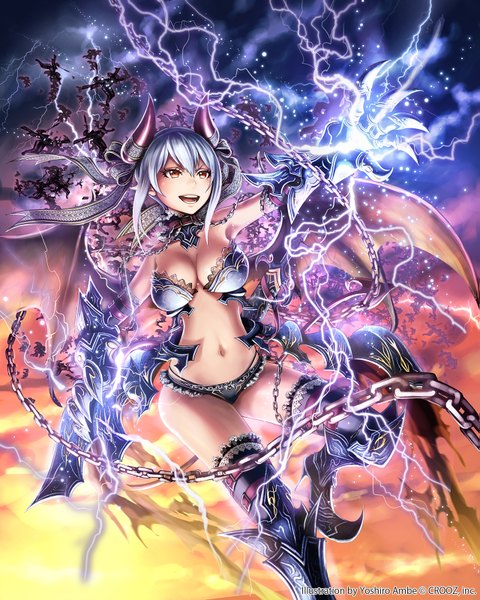 Anime picture 1279x1600 with shinma x keishou! ragnabreak anbe yoshirou single tall image short hair breasts open mouth light erotic red eyes cleavage silver hair horn (horns) lightning girl thighhighs navel ribbon (ribbons) black thighhighs wings boots