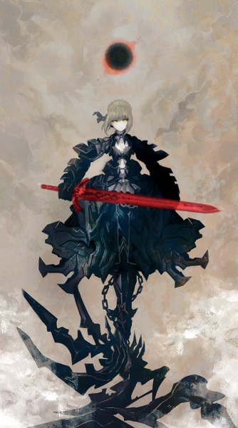 Anime picture 1673x3000 with fate (series) fate/stay night studio deen type-moon artoria pendragon (all) saber alter huke single tall image blonde hair yellow eyes long image eclipse girl weapon sword armor chain dark excalibur