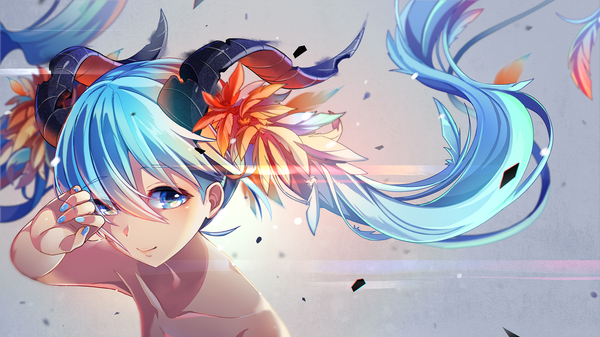 Anime picture 1500x844 with vocaloid hatsune miku nou single long hair looking at viewer blush fringe blue eyes smile hair between eyes wide image twintails blue hair upper body nail polish horn (horns) fingernails sunlight hair over one eye