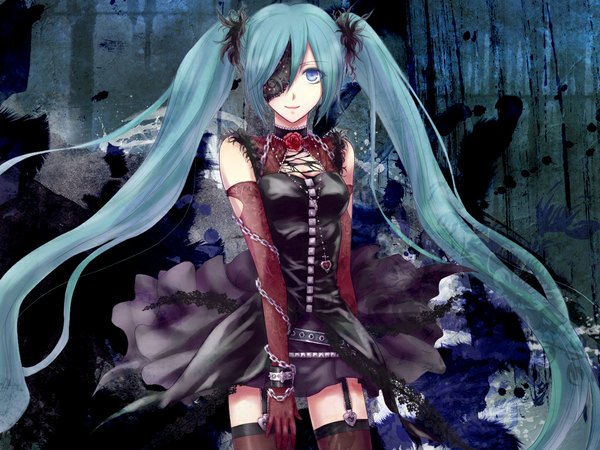 Anime picture 1024x768 with vocaloid hatsune miku hitoha single long hair looking at viewer fringe smile twintails aqua eyes aqua hair sleeveless torn clothes weightlessness girl thighhighs dress hair ornament flower (flowers) belt