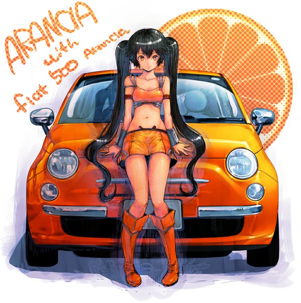 Anime picture 1000x1005 with arancia project original fiat arancia boyaking(sbf) single long hair tall image looking at viewer black hair simple background smile white background twintails inscription orange eyes girl boots ground vehicle car