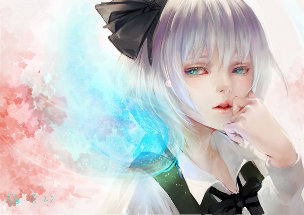 Anime picture 3507x2480 with touhou konpaku youmu myon kamachi kamachi-ko single highres short hair green eyes signed looking away absurdres upper body white hair parted lips lips cherry blossoms girl flower (flowers) ribbon (ribbons) plant (plants)