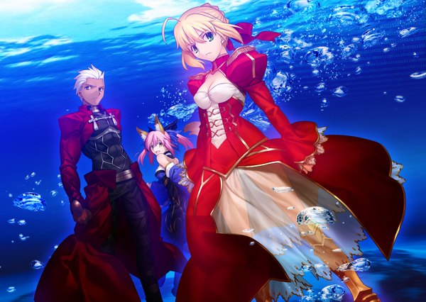 Anime picture 4193x2982 with fate (series) fate/extra artoria pendragon (all) saber tamamo (fate) (all) tamamo no mae (fate) archer (fate) takeuchi takashi long hair highres short hair open mouth blonde hair multiple girls brown eyes green eyes animal ears pink hair absurdres white hair