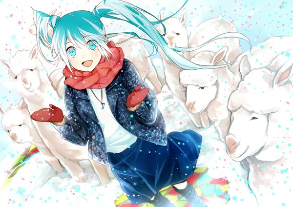 Anime picture 1023x723 with vocaloid hatsune miku issa (sorako45) single long hair twintails aqua eyes aqua hair girl animal jacket scarf pendant confetti