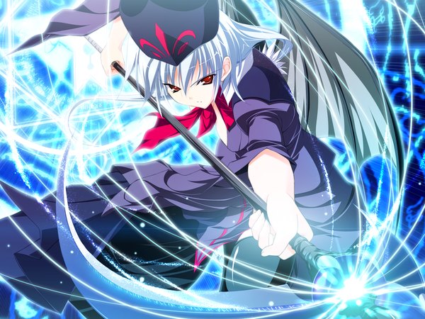 Anime picture 1600x1200 with lyrical lyric kuu (lyrical lyric) mikeou single long hair red eyes game cg silver hair magic girl weapon hat wings scythe magic circle