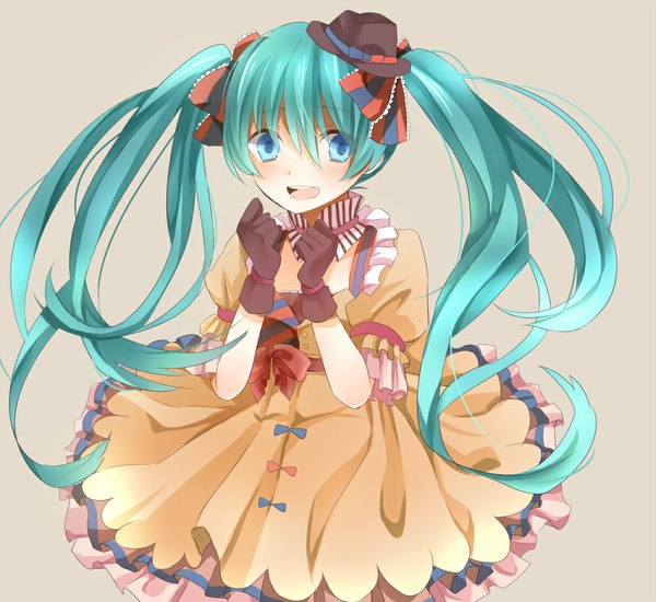 Anime picture 1000x918 with vocaloid hatsune miku ennui heiwa miku rike single looking at viewer blue eyes twintails very long hair aqua hair girl dress gloves ribbon (ribbons) hair ribbon hat