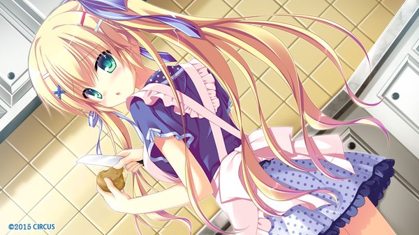 Anime picture 800x450 with d.s. -dal segno- circus (studio) fujishiro noeri single long hair looking at viewer blush fringe open mouth blonde hair wide image twintails green eyes game cg looking back dutch angle polka dot cooking 2015 girl