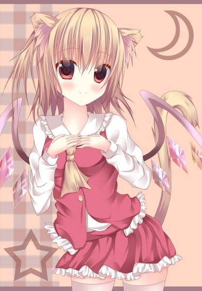 Anime picture 2520x3622 with touhou flandre scarlet kaiba-san single tall image looking at viewer blush highres short hair blonde hair red eyes animal ears cat ears cat girl cat tail girl dress skirt skirt set