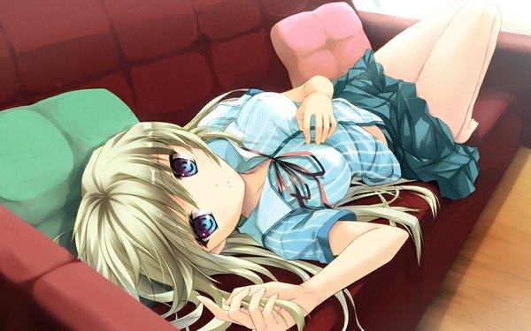 Anime picture 1024x640 with original ryoumoto ken long hair blue eyes blonde hair wide image lying barefoot girl skirt miniskirt pillow couch