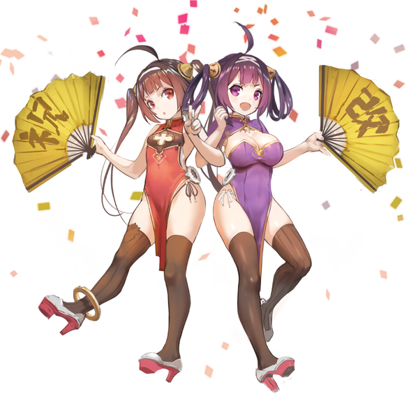 Anime picture 891x897 with azur lane ping hai (azur lane) ning hai (azur lane) ha2ru long hair tall image looking at viewer breasts open mouth light erotic simple background red eyes brown hair large breasts white background purple eyes twintails multiple girls cleavage purple hair