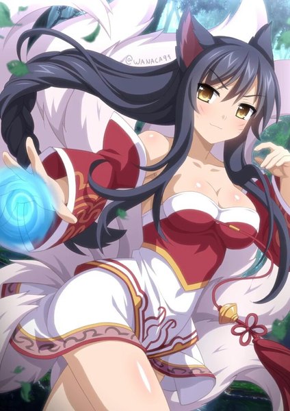 Anime picture 707x1000 with league of legends ahri (league of legends) wanaca single long hair tall image looking at viewer blush fringe breasts light erotic black hair hair between eyes large breasts bare shoulders signed animal ears payot cleavage tail