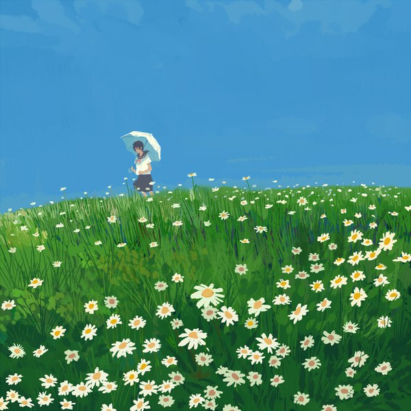 Anime picture 826x826 with original bangqiao yan single short hair black hair standing holding sky summer nature girl uniform flower (flowers) plant (plants) serafuku umbrella grass chamomile