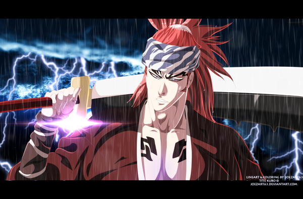 Anime picture 3758x2464 with bleach studio pierrot abarai renji joezart63 single long hair highres absurdres ponytail red hair traditional clothes japanese clothes pink eyes wet tattoo coloring light letterboxed rain lightning