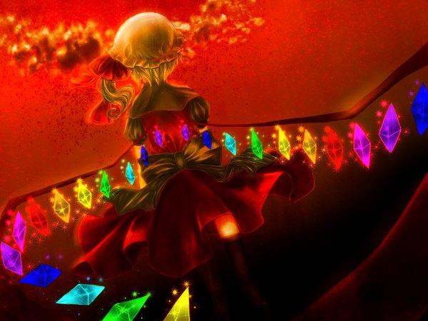 Anime picture 1200x900 with touhou flandre scarlet ripunripun (artist) single short hair blonde hair from behind one side up girl dress bow wings bonnet